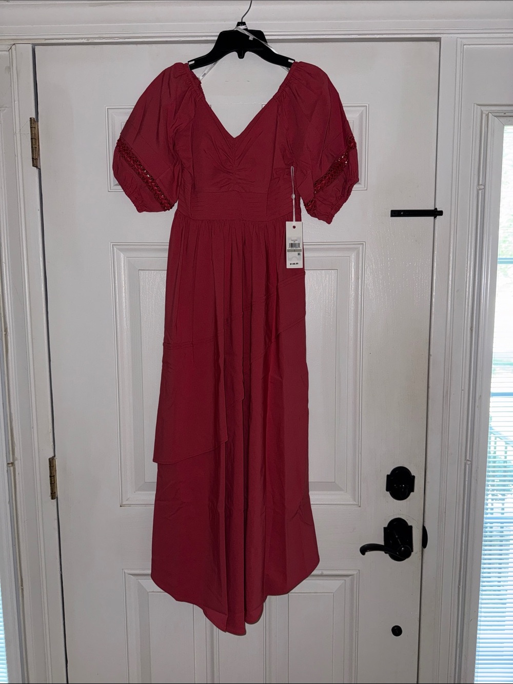 Women's V-Neck Puff Sleeve Maxi Dress in Brick Red by Siena
